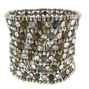 Wide Band Crystal Silver Bead Cuff TriTone Chunky Woman Warrior Stretch Bracelet